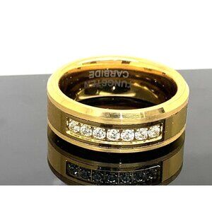 Men's Wedding Band Gold Tone Tungsten Cubic Zirconia 8mm Ring Size 10
